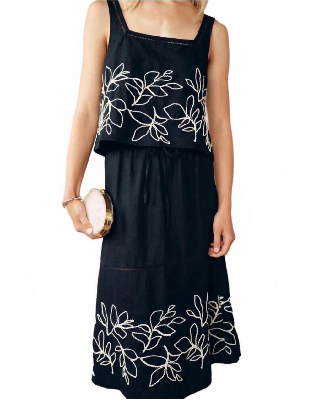 Bella Dahl Black Midi Skirt with White Floral Embroidery and Ladder-Lace Accent
